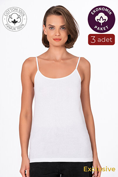 Kompedan Kadın Pamuklu Ribana İp Askılı Klasik Atlet 3'lü Paket – Esnek & Rahat | Beyaz K0107