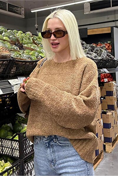 Madmext Camel Crew Neck Women's Boucle Sweater Mg2480