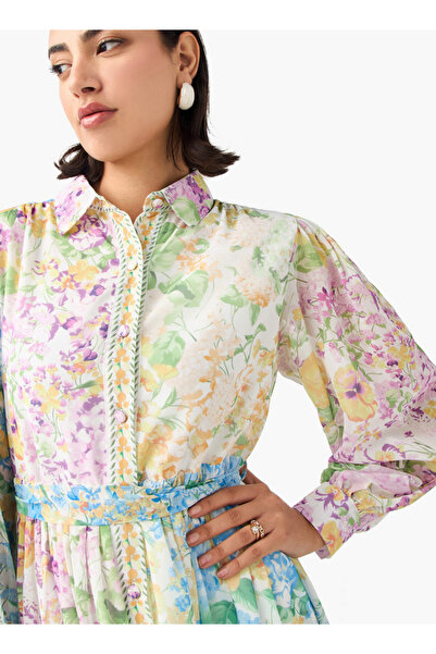 2Xtremz Floral Print Shirt Dress with Cuff Sleeves and Tie-Up Belt