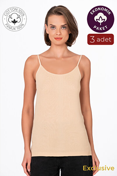 Kompedan Kadın Pamuklu Ribana İp Askılı Klasik Atlet 3'lü Paket – Esnek & Rahat | Ten K0107