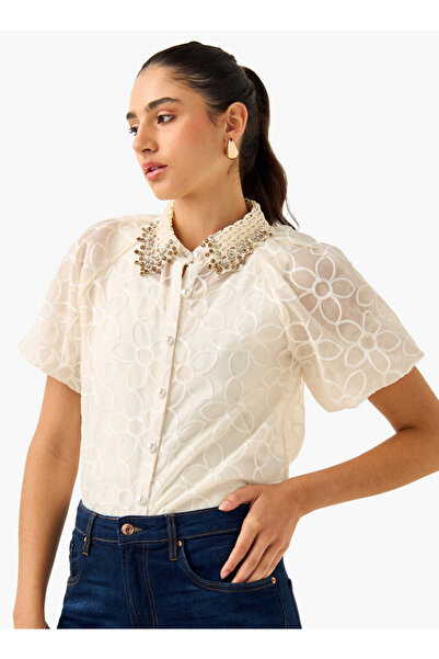 2Xtremz Floral Embroidered Shirt with Button Closure and Puff Sleeves