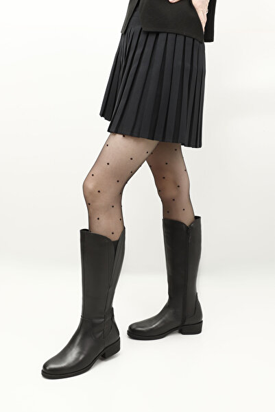 GÖNDERİ(R) Γυναικείες/Κοριτσίστικες μαύρες μπότες από γνήσιο δέρμα με χοντρό τακούνι με φερμουάρ