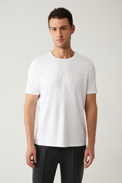 Avva Ανδρικό μπλουζάκι με λευκό λαιμόκοψη με στάμπα με απαλή αφή κανονική εφαρμογή A41Y1030