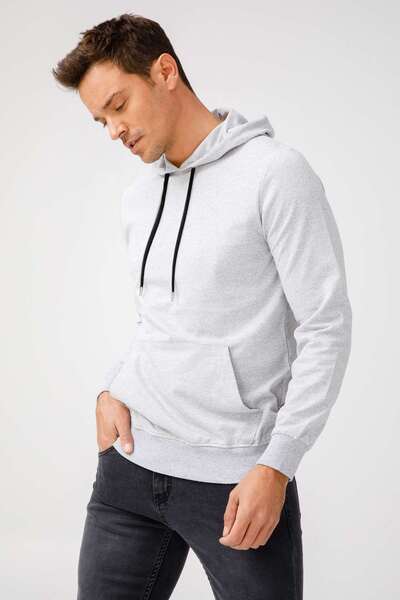 İgs Men's A.Grey Modernfit / Extra Slim Fit Hooded Zipperless Sweatshirt