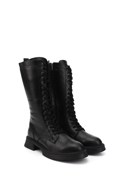 GÖNDERİ(R) Γυναικείες μαύρες μπότες από γνήσιο δέρμα με χοντρό τακούνι με φερμουάρ