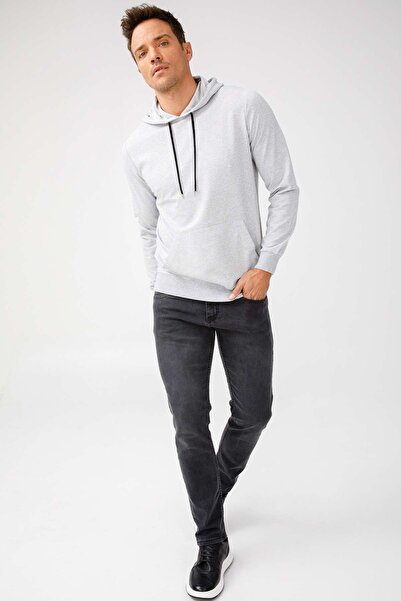 İgs Men's A.Grey Modernfit / Extra Slim Fit Hooded Zipperless Sweatshirt