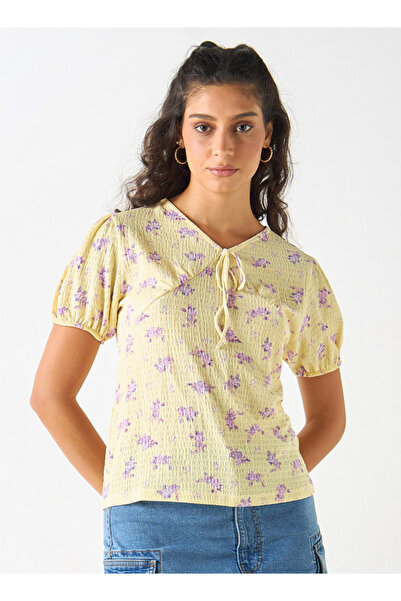 2Xtremz Printed Top With Tie-up Neck And Short Sleeves