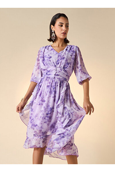 2Xtremz Floral Print Midi Ruffle Dress With Pleat Detail