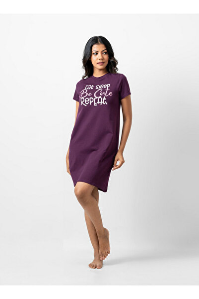 Aadaraya Slogan Print Sleepshirt With Crew Neck