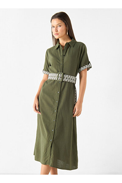 2Xtremz Embroidered Midi Shirt Dress with Collar and Adjustable Belt