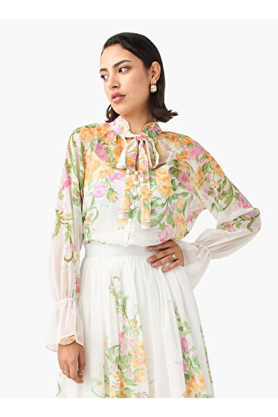 2Xtremz Floral Print Top with Pussy Bow Neck and Poet Sleeves