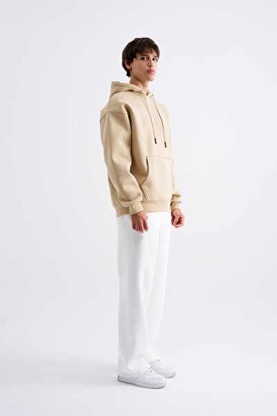Machinist Men's Basic Hooded Oversize Beige Sweatshirt