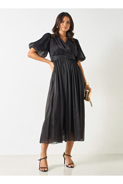 2Xtremz Textured V-Neck Midi Dress with Puff Sleeves