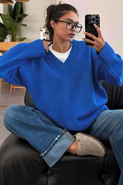 Madmext Pulover de damă cu decolteu în V, tricotaj albastru supradimensionat - MG2149