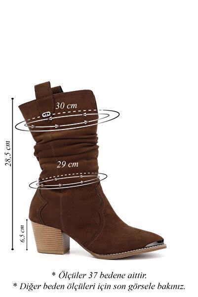 GÖNDERİ(R) Women's Brown Suede Pointed Toe Chunky Heeled Cowboy Boots