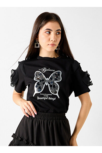 2Xtremz Butterfly Embellished T-shirt With Ruffle Detail Sleeves