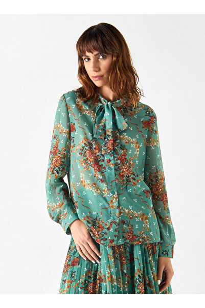 2Xtremz All-Over Floral Print Bow Neck Top with Long Sleeves