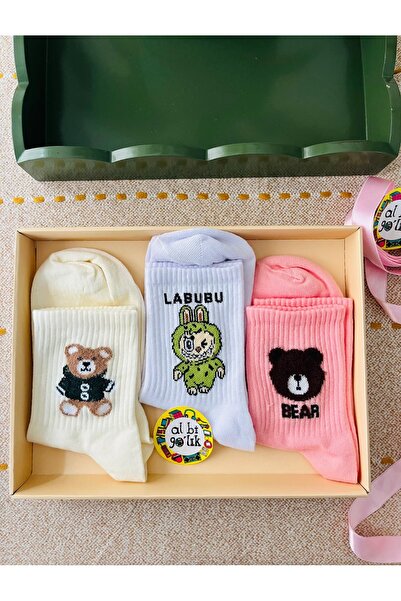 AL Bİ 90LIK TÜYLÜ AYI BEAR VE LABUBU Desenli Beyaz Pembe Bej Renkli 3'lü Kole...