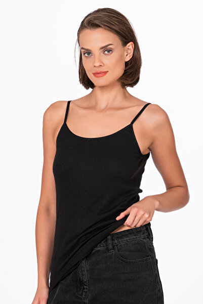 Kompedan Kadın Pamuklu Ribana İp Askılı Klasik Atlet 3'lü Paket – Esnek & Rahat | Siyah K0107