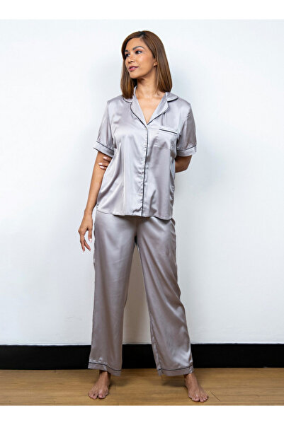 Aadaraya Solid Satin Short Sleeve Shirt And Elasticated Pyjama Set