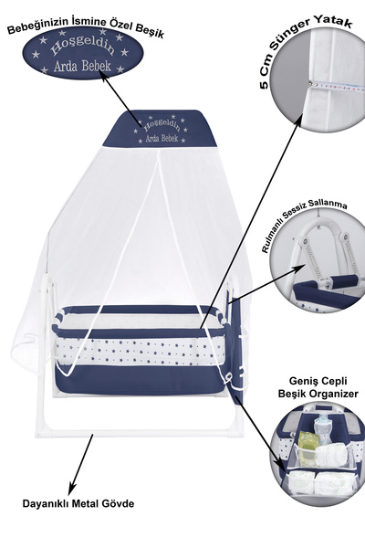 CHUBBY BABY İsme Özel Sallanır Beşik 5 cm Sünger Yataklı Organizerli Tüllü Ci...