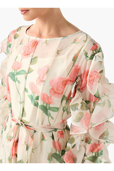 2Xtremz Floral Print Midi Dress with Ruffle Sleeves and Tie-Up Belt