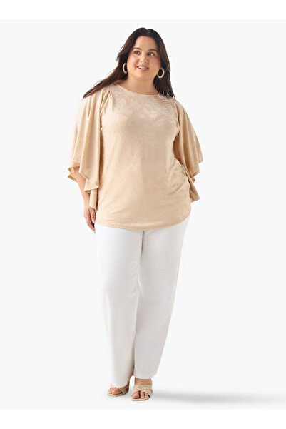 Ulla Popken Plus Size Ulla Popken Textured Top with Round Neck and 3/4 Sleeves