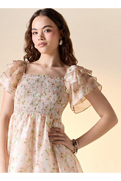 FAV Floral Print Ruffle Sleeves Maxi Dress with Shirring Detail