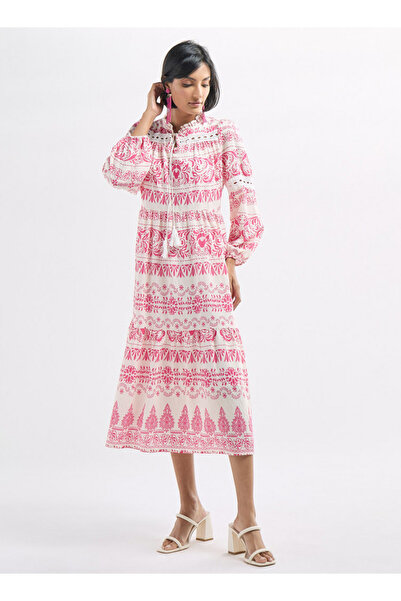 FAV All-over Print Tiered Dress With Ruffled Collar And Tie-ups