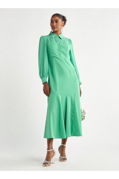 FAV Solid A-line Shirt Dress with Long Sleeves