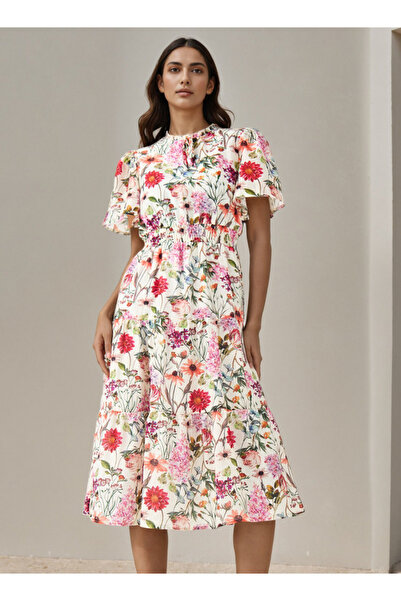 FAV فستان متوسط الطول من الفيسكوز بأكمام منفوشة