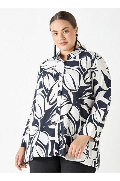 Ulla Popken Plus Size All-Over Floral Print Shirt with Long Sleeves