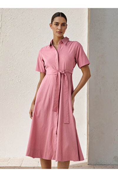 FAV فستان قطني متوسط الطول مع رباط على الخصر