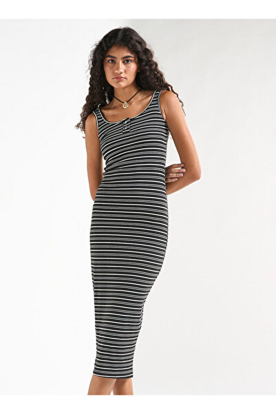 FAV Striped Sleeveless Bodycon Dress with Round Neck and Button Detail