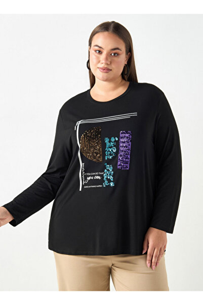 Ulla Popken Plus Size Ulla Popken Embellished T-shirt with Long Sleeves and Round Neck
