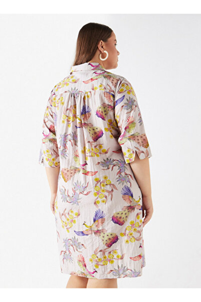 Ulla Popken Plus Size Printed Shirt Dress With Pocket And 3/4 Sleeves