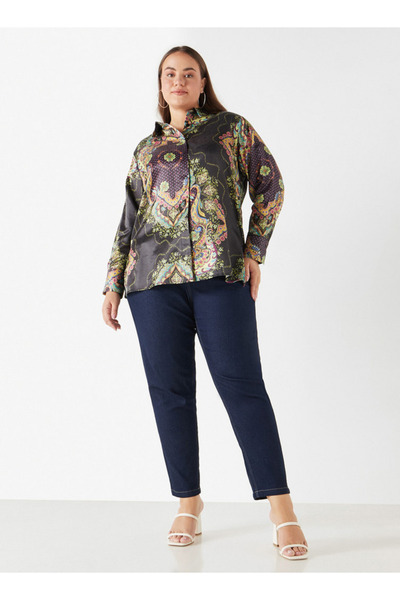 Ulla Popken Plus Size Ulla Popken Printed Shirt with Collar and Long Sleeves