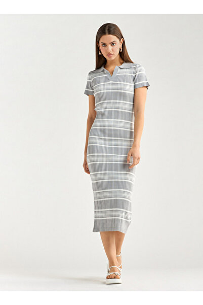 FAV Striped Collared Bodycon Dress with Short Sleeves