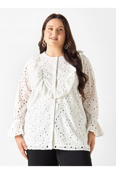 Ulla Popken Plus Size Ulla Popken All-Over Embroidered Top with Ruffles and Bell Sleeves