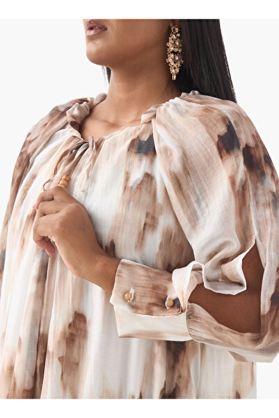 Ulla Popken Plus Size Ulla Popken Printed Dress with Round Neck and Long Slit Sleeves