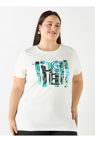 Ulla Popken Plus Size Ulla Popken Typographic Print T-shirt with Short Sleeves