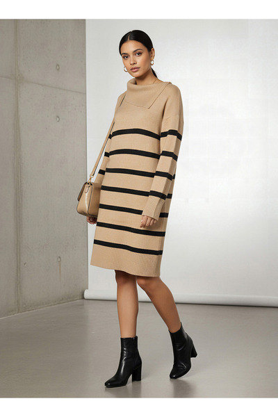 FAV Striped Sweater Dress with Asymmetric Neck