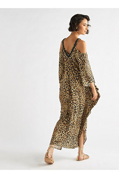 FAV Animal Print V-neck Maxi Dress with Cold Shoulder Sleeves