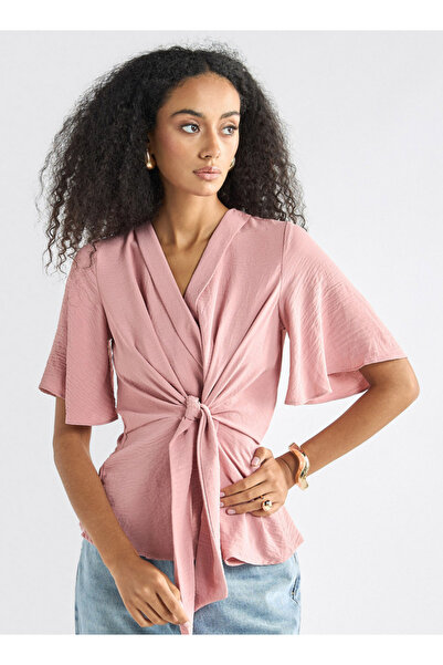 FAV V-neck Top With Flutter Sleeves And Knot Detail