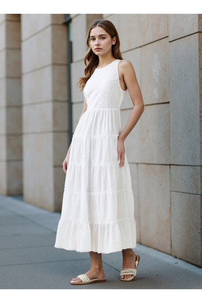 Lee Cooper Tiered Sleeveless Maxi Dress with Embroidered Detail