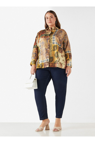 Ulla Popken Plus Size Ulla Popken Printed Shirt with Collar and Long Sleeves