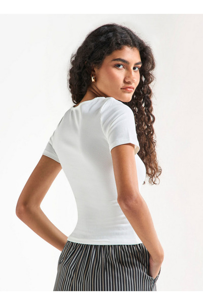 FAV Ribbed Crew Neck Top with Cutout Detail and Short Sleeves