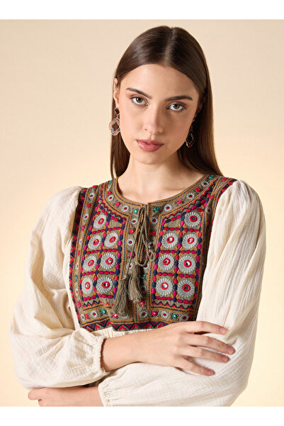 FAV Embroidered A-Line Midi Dress with Long Sleeves