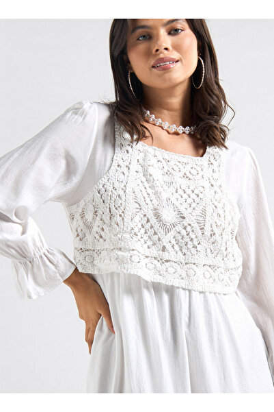 FAV Panelled A-line Dress with Square Neck and Bell Sleeves