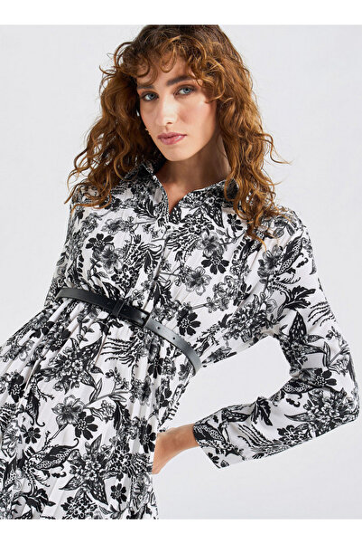 FAV All-Over Floral Print Shirt Dress with Long Sleeves and Pleat Detail